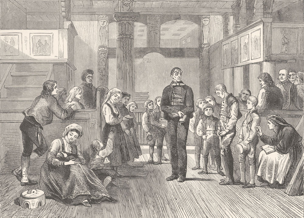 NORWAY. The schoolmaster catechising in Hitterdal Church 1890 old print
